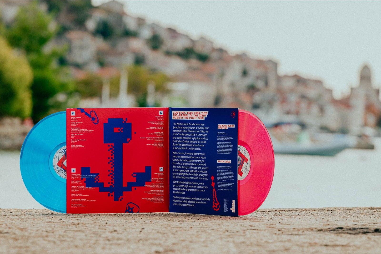 The gatefold and both records, &Scaron;ibenik behind &mdash; Croatia on the Move, Cycle Studio Zagreb